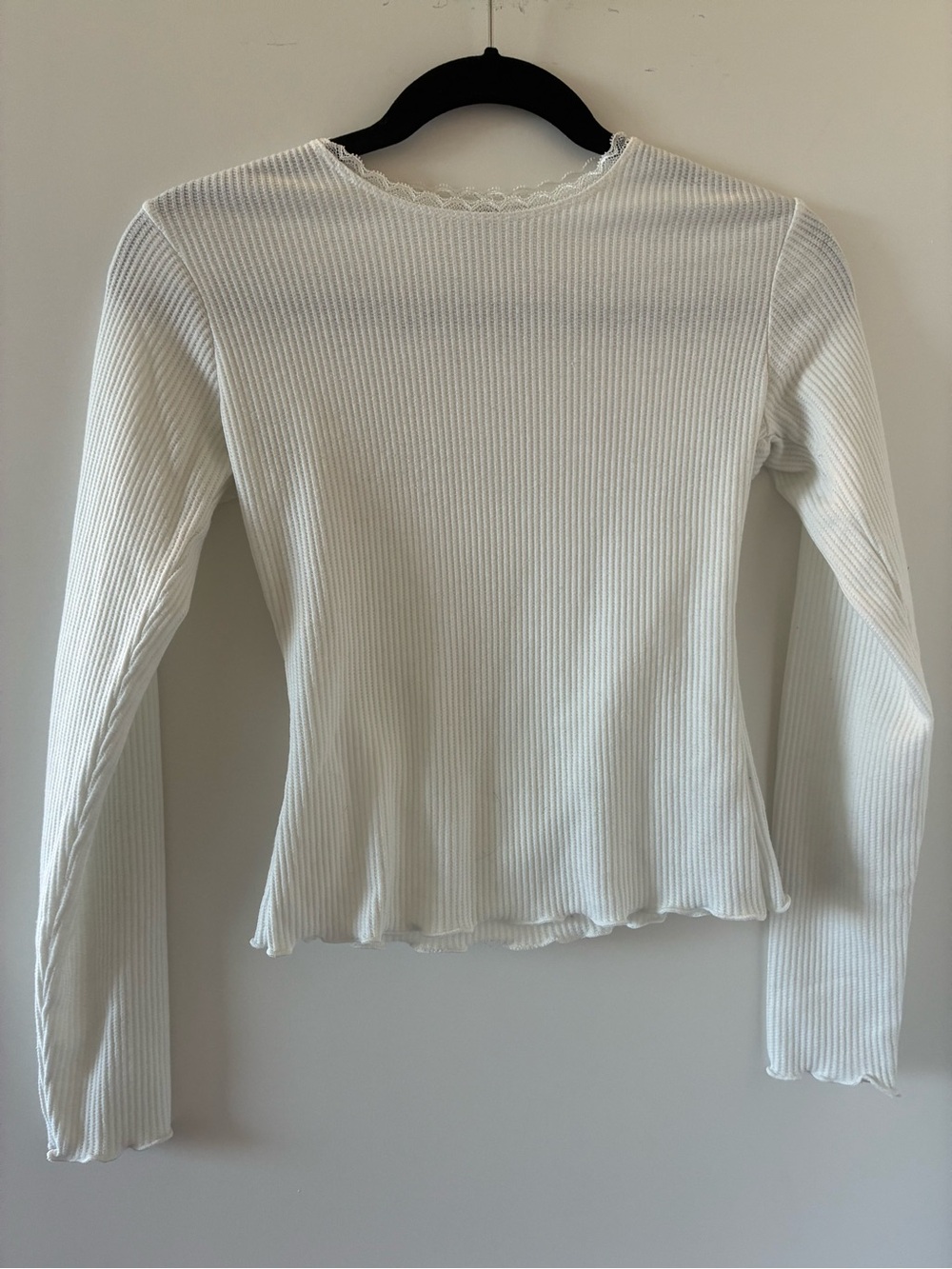 Women's White Ribbed Long Sleeve Top with Lettuce Hem